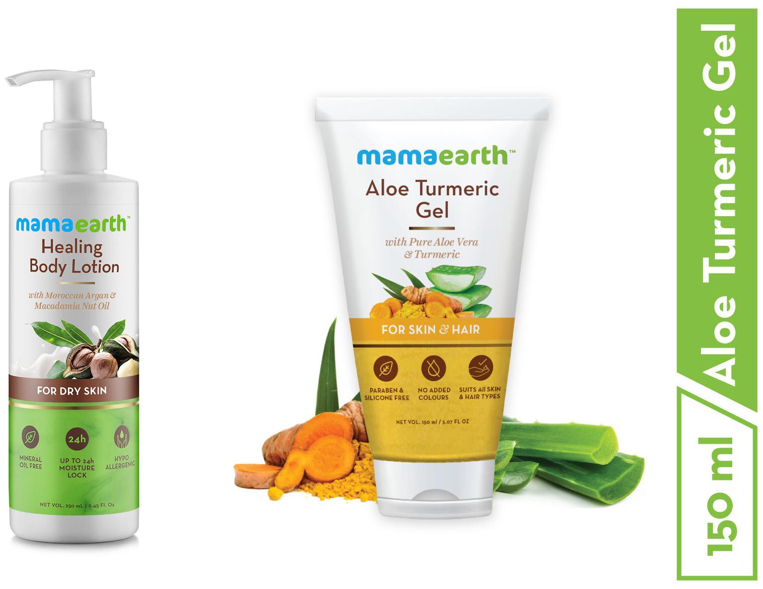 

Mamaearth Healing Natural Body Lotion with Argan Oil-250ml Macadamia Nut and Aloe Vera Gel From 100 Pure Aloe Vera Plant For Face Skin Hair with Turmeric Vitamin E 150 ml