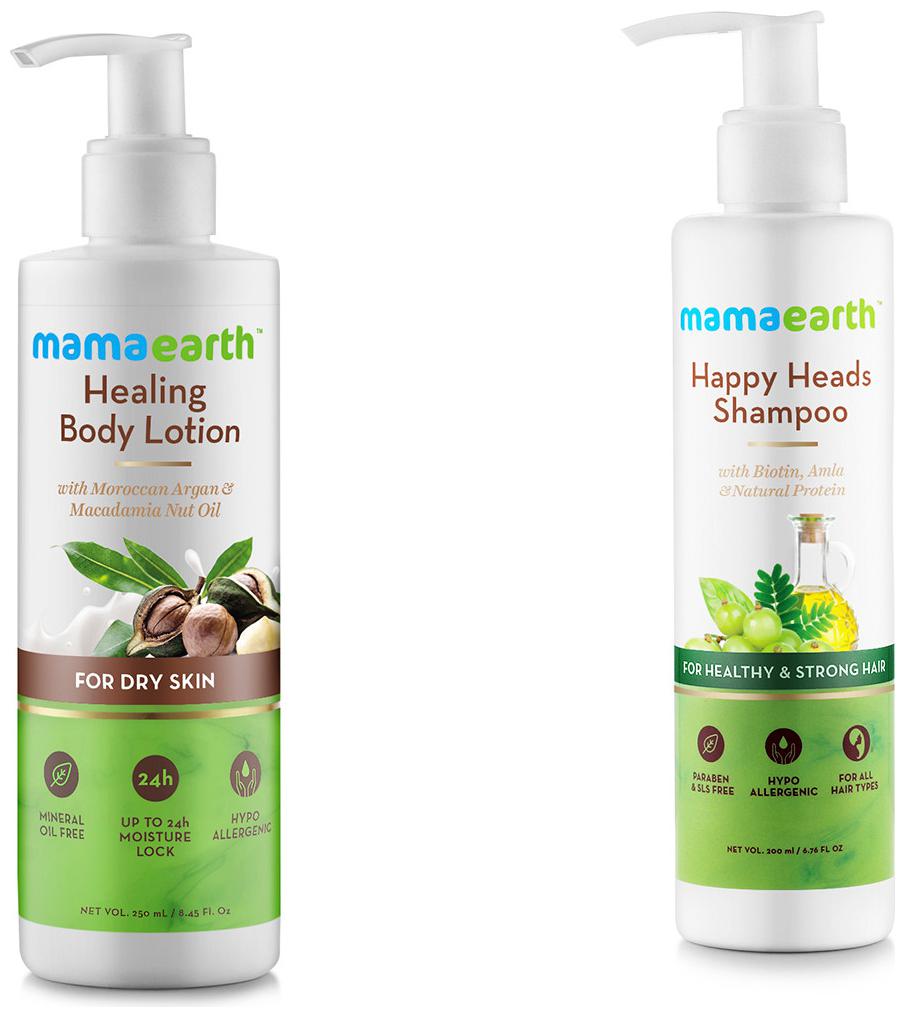 

Mamaearth Healing Natural Body Lotion with Argan Oil-250ml Macadamia Nut and Happy Heads Hair Shampoo 200ml