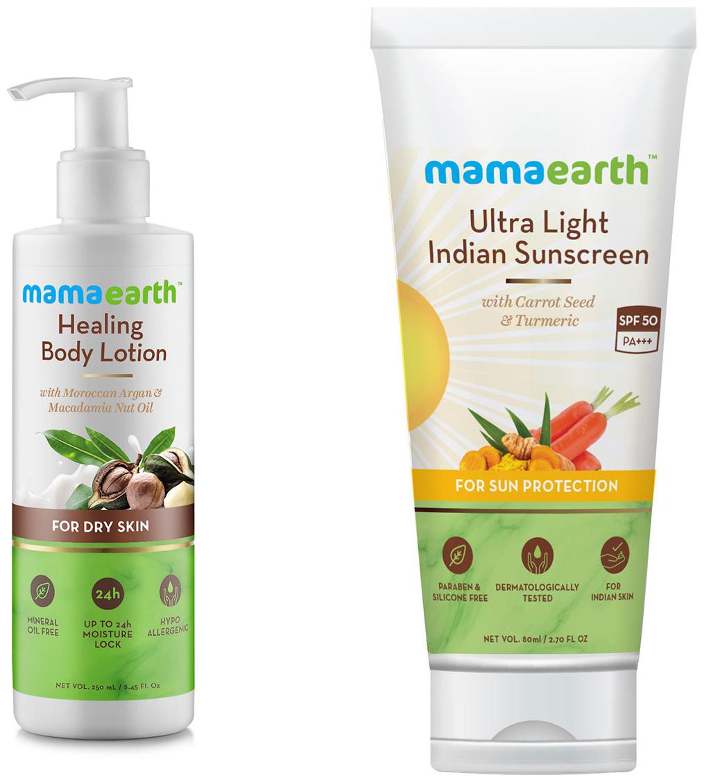 

Mamaearth Healing Natural Body Lotion with Argan Oil-250ml Macadamia Nut and Ultra Light Indian Sunscreen 80ml