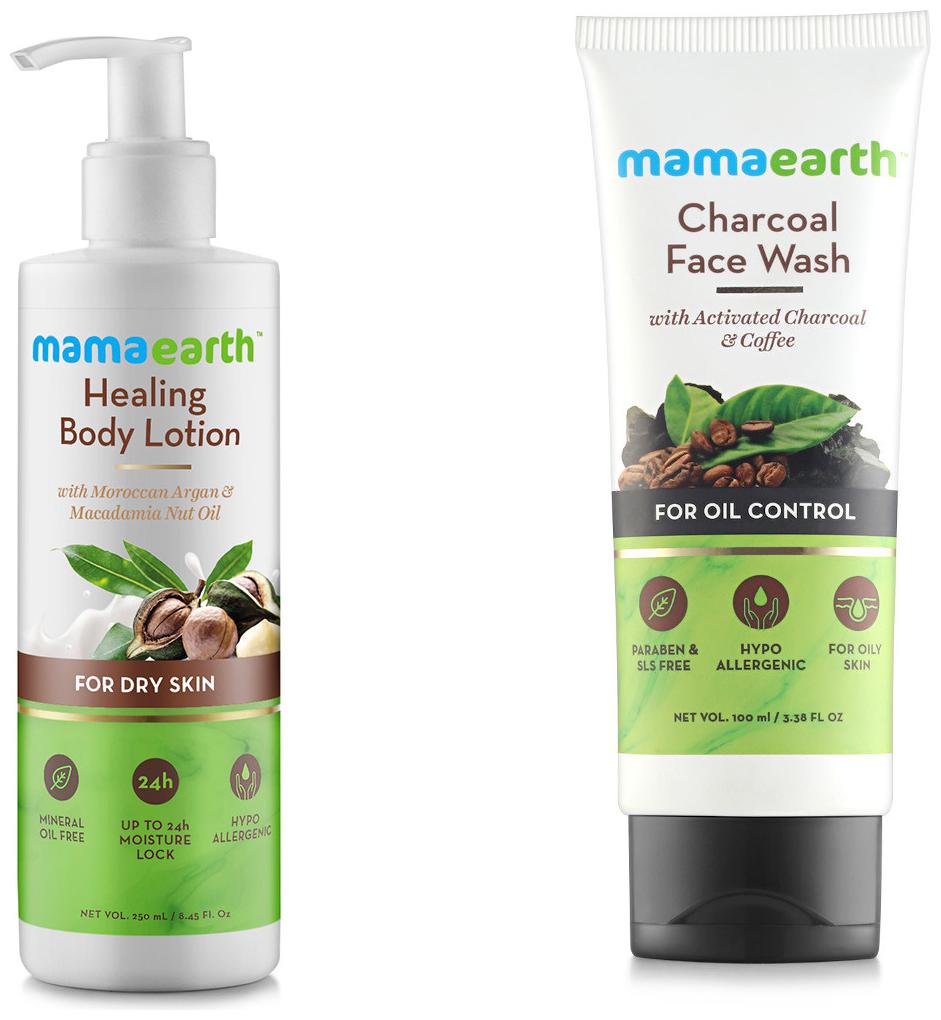 

Mamaearth Healing Natural Body Lotion with Argan Oil-250ml Macadamia Nut and Charcoal Natural Face Wash for oil control and pollution defence 100 ml