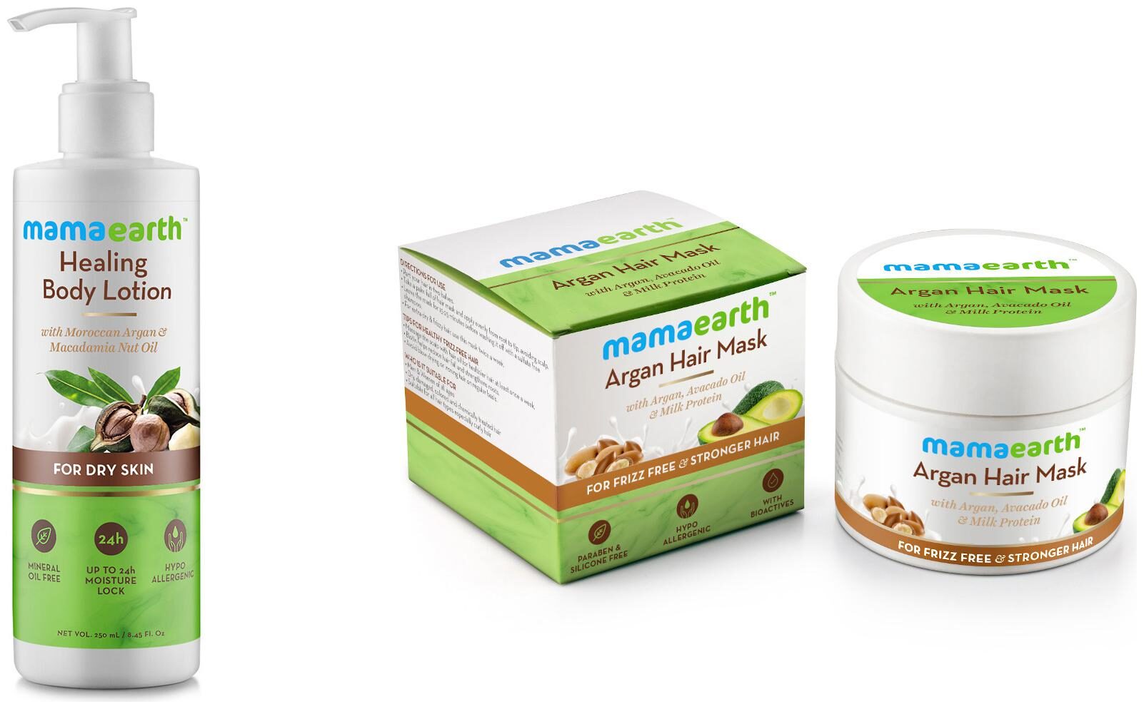 

Mamaearth Healing Natural Body Lotion with Argan Oil-250ml Macadamia Nut and Argan Hairfall Control Mask 200ml
