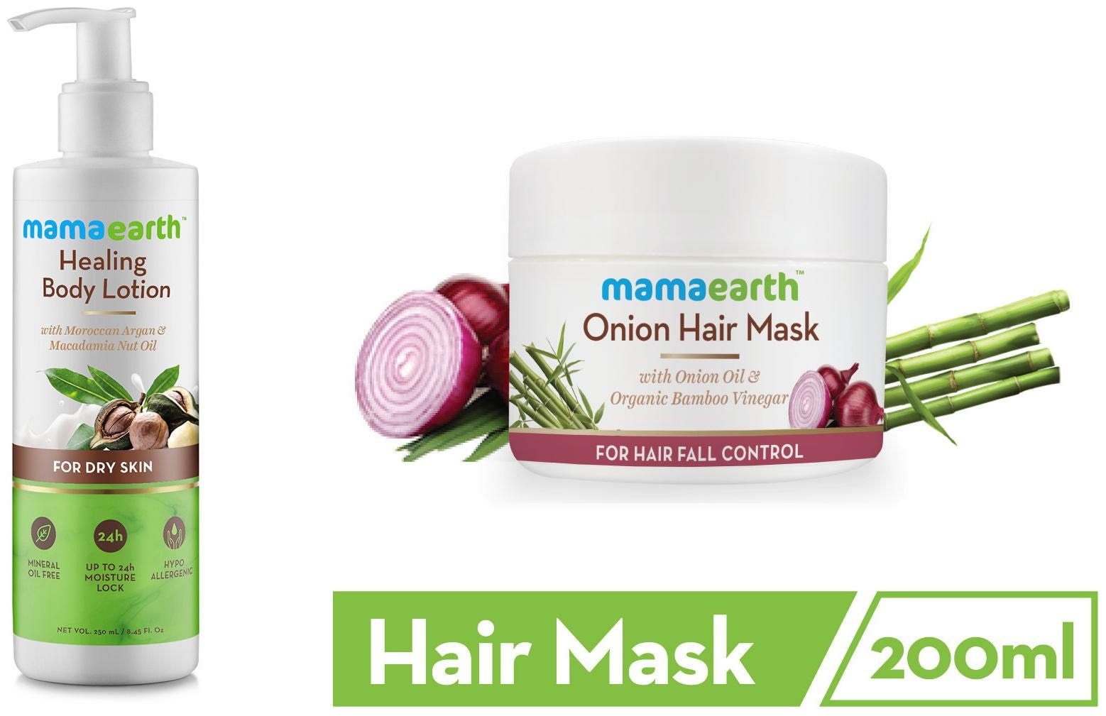 

Mamaearth Healing Natural Body Lotion with Argan Oil-250ml Macadamia Nut and s Onion Hair Mask -200ml