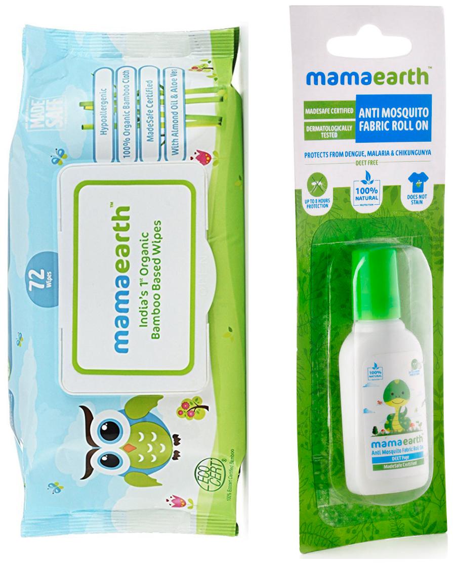 

Mamaearth Organic Bamboo Based Baby Wipes 72pcs 330g and Anti Mosquito Fabric Roll On 8ml (Pack of 2)