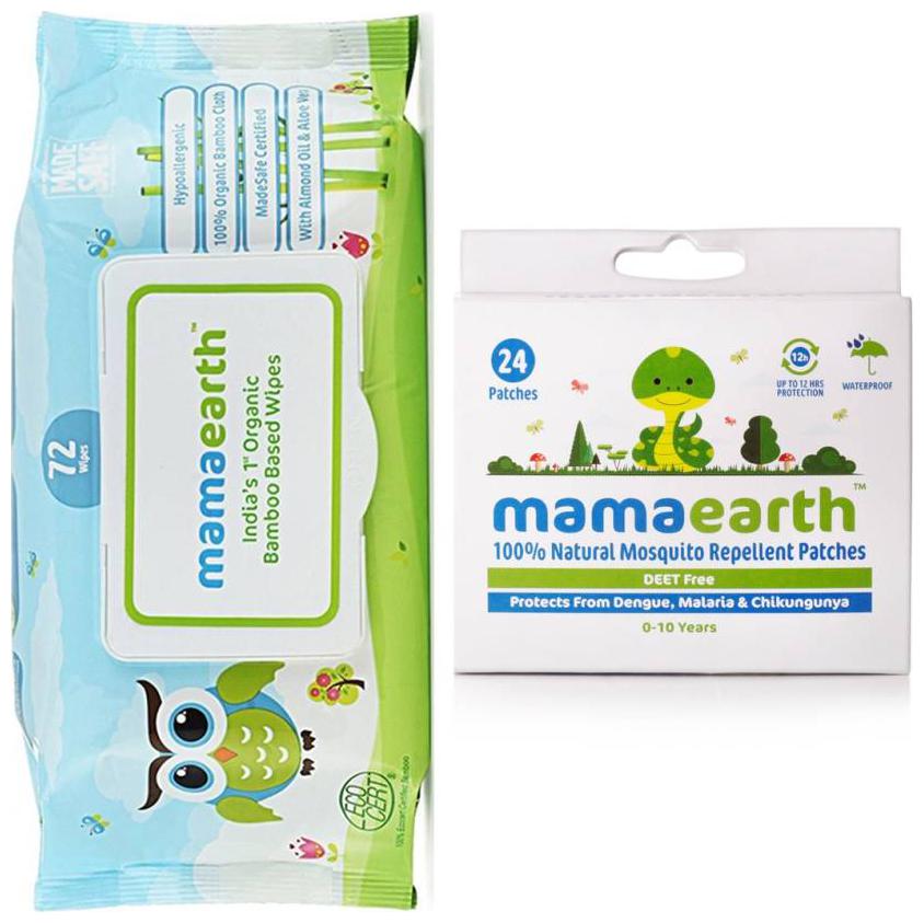 

Mamaearth Organic Bamboo Based Baby Wipes 72 pcs 330g Natural Repellent Mosquito Patches for Babies- 24 Patches(pack of 2)