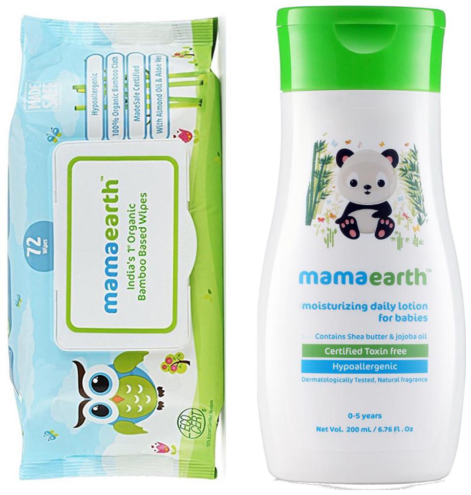 

Mamaearth Organic Bamboo Based Baby Wipes 72pcs 330G Daily Moisturizing Baby Lotion 200ml (Pack of 2)