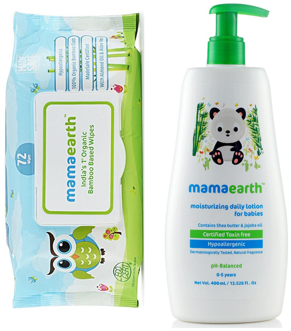

Mamaearth Organic Bamboo Based Baby Wipes 72pcs 330g and Daily Moisturizing Baby Lotion 400ml (Pack of 2)