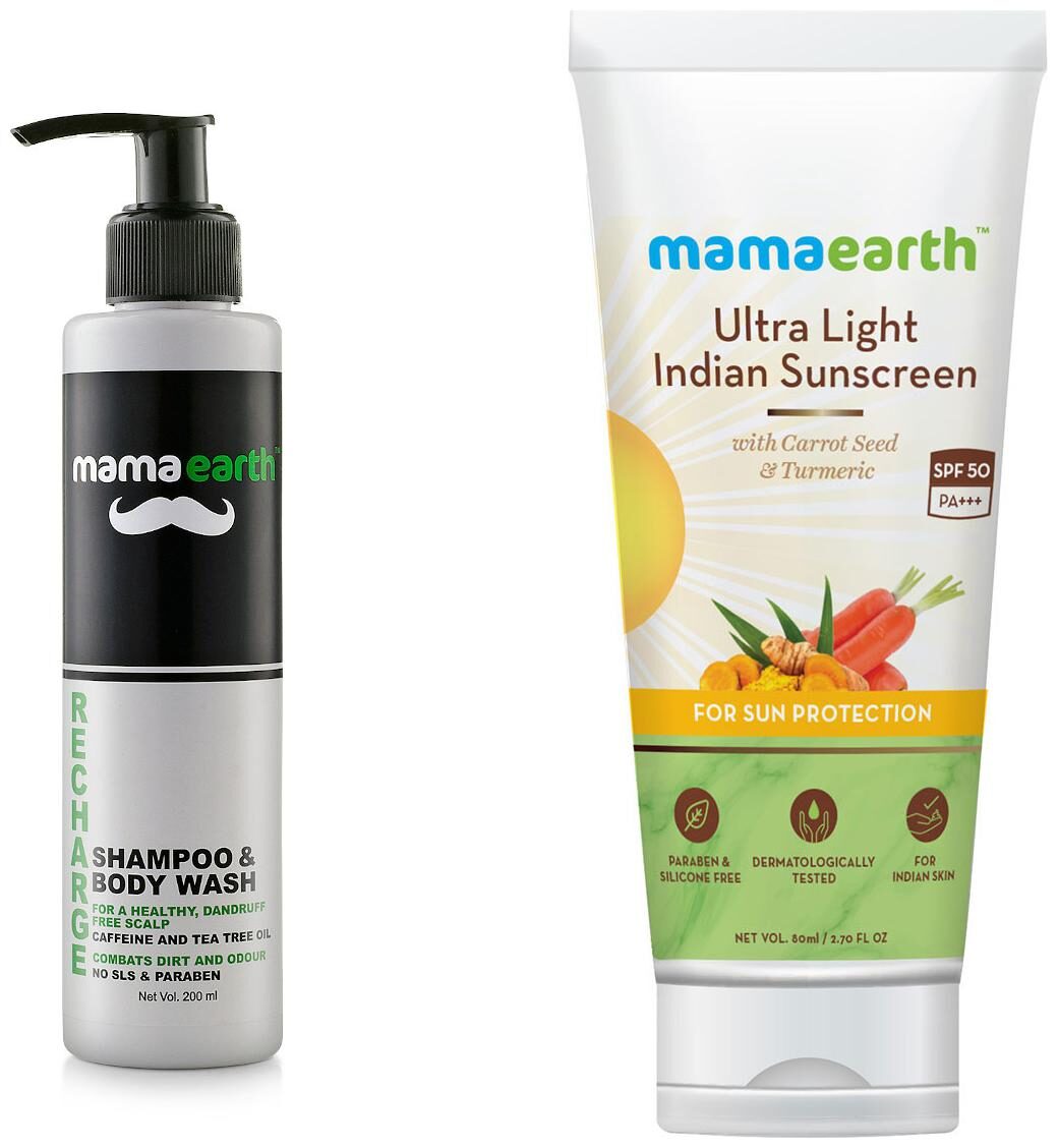 

Mamaearth Recharge Energizing Shampoo and Bodywash for men 200ml with Caffeine and Menthol and Ultra Light Indian Sunscreen 80ml (Pack of 2)