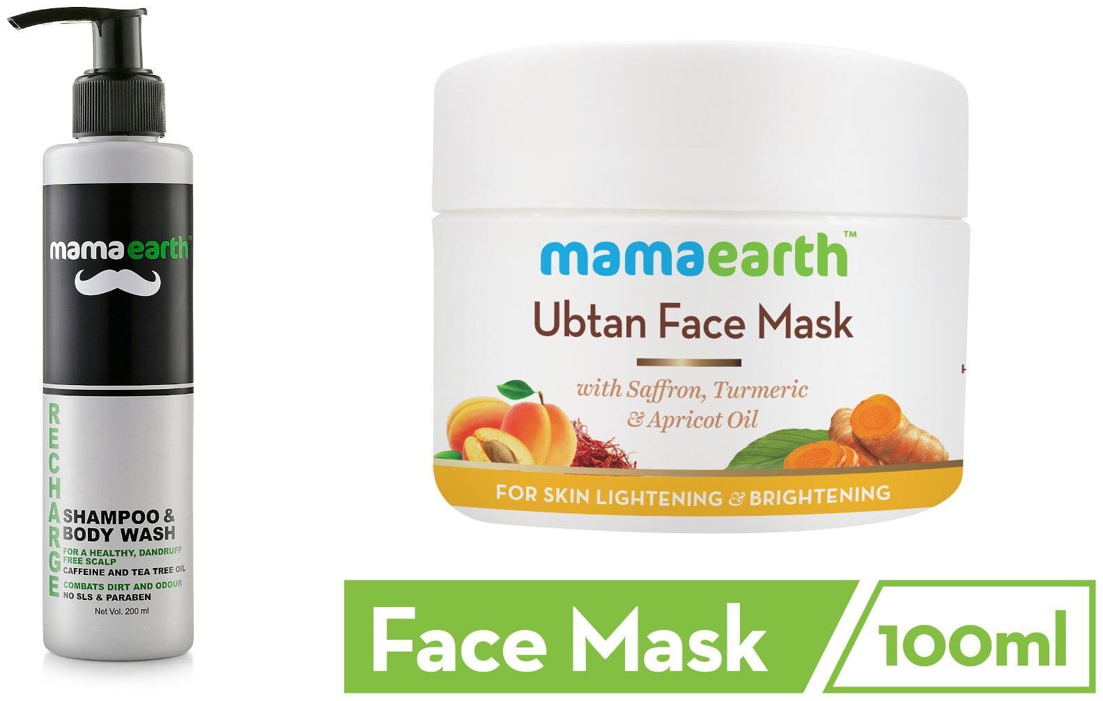 

Mamaearth Recharge Energizing Shampoo and Bodywash for men 200ml Ubtan Face Pack Mask with Saffron Turmeric Apricot Oil 100 ml (Pack of 2)