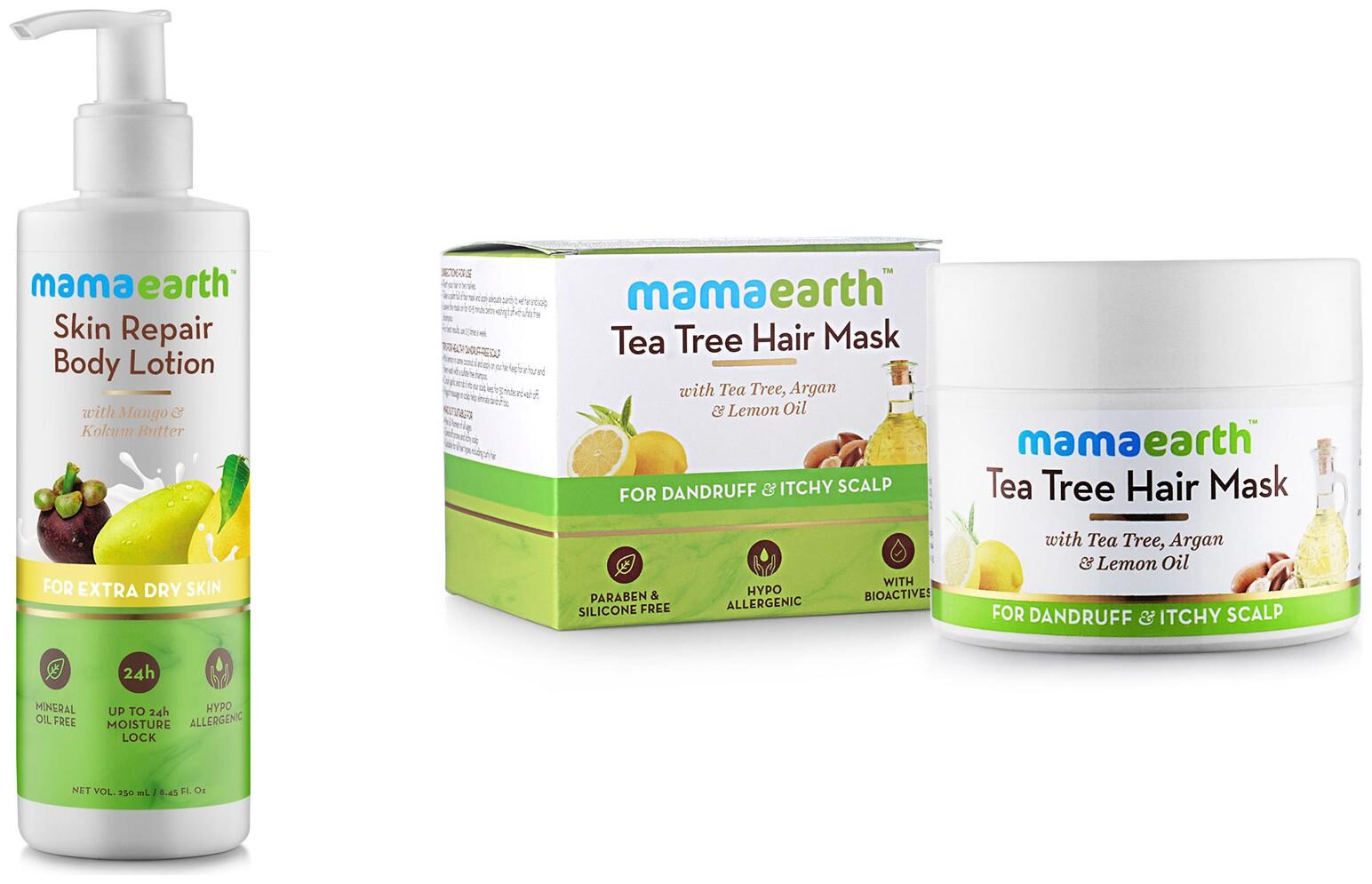 

Mamaearth Skin Repair Natural Winter Body Lotion with Mango -250ml Kokum butter Anti Dandruff Tea Tree Hair Mask with Tea Tree and Lemon Oil -200ml