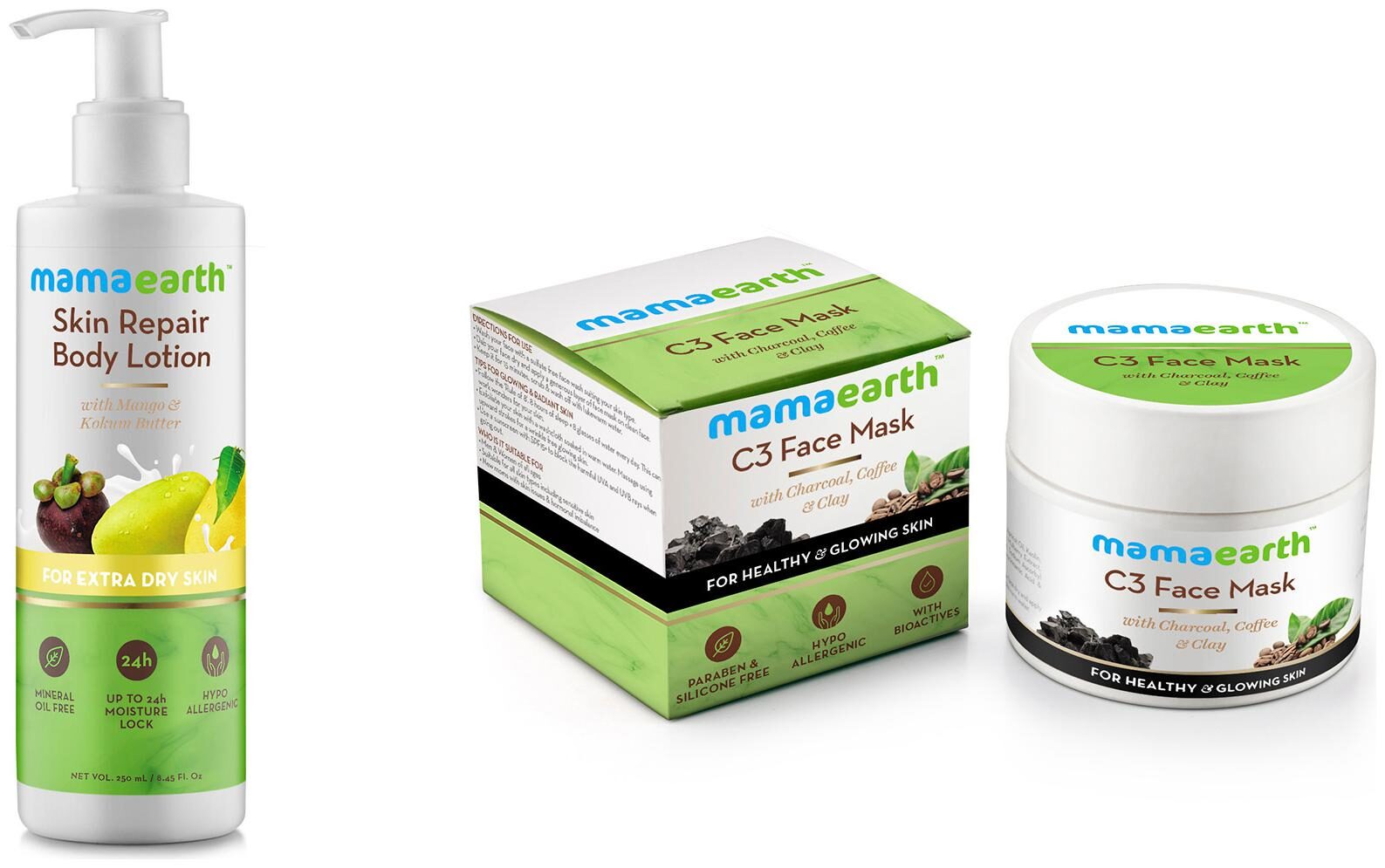 

Mamaearth Skin Repair Natural Winter Body Lotion with Mango -250ml Kokum butter and Charcoal Coffee and Clay Face Mask 100ml