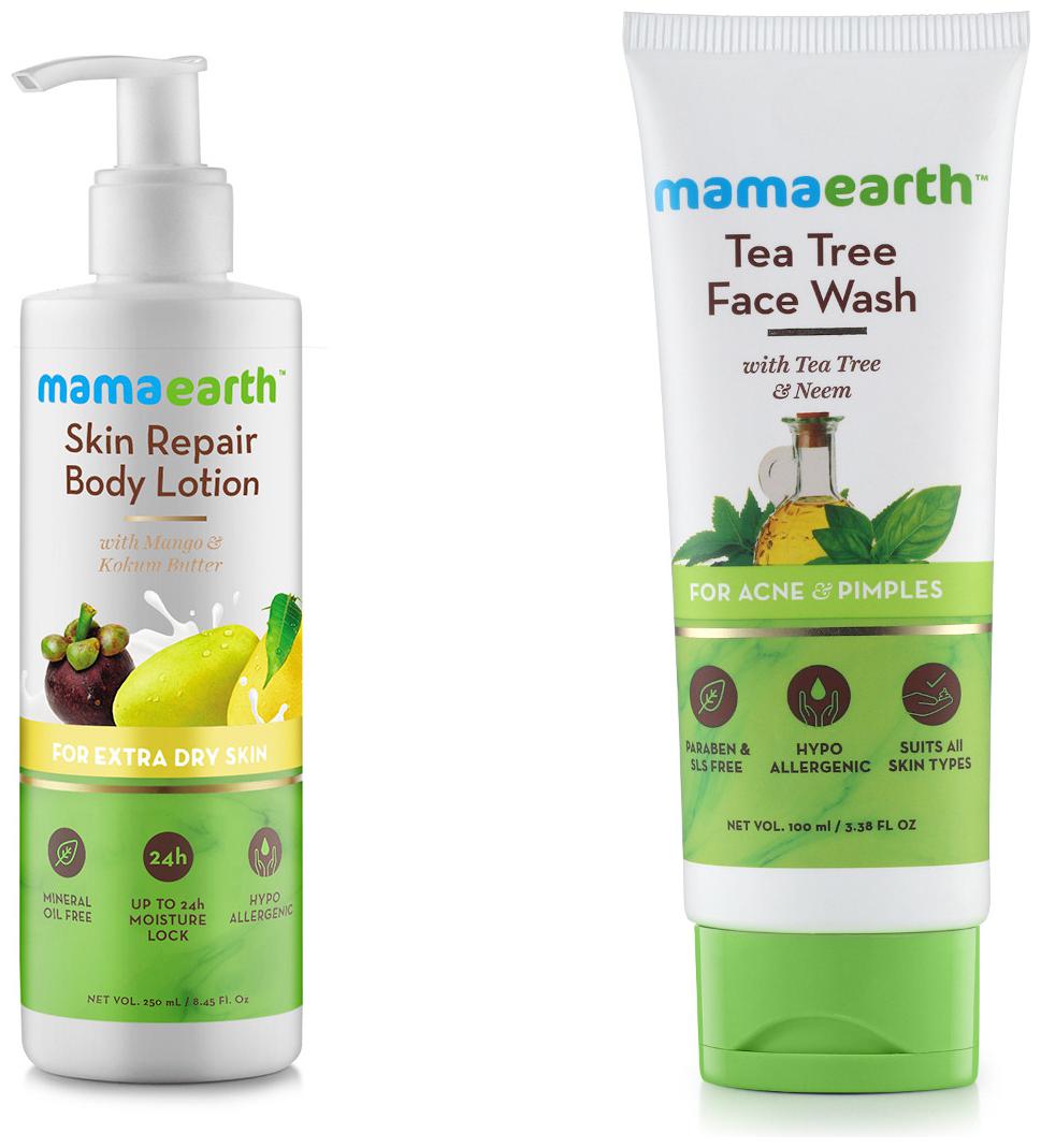 

Mamaearth Skin Repair Natural Winter Body Lotion with Mango -250ml Kokum butter and Tea Tree Natural Face Wash for Acne Pimples Wash 100 ml