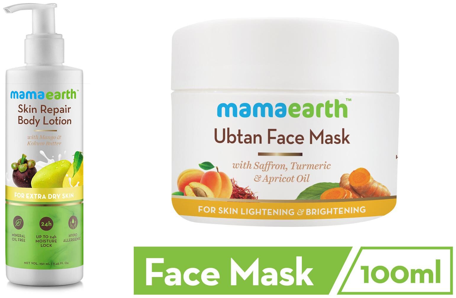 

Mamaearth Skin Repair Natural Winter Body Lotion with Mango -250ml Kokum butter Ubtan Face Pack Mask for Fairness Tanning Glowing Skin with Saffron Turmeric Apricot Oil 100 ml