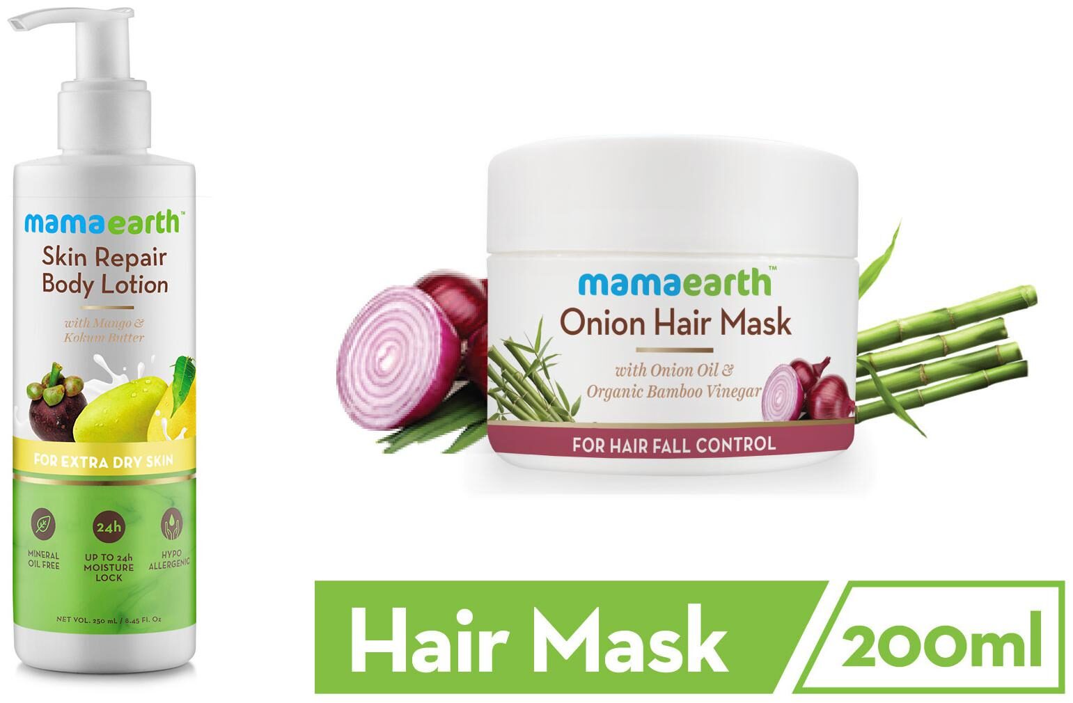 

Mamaearth Skin Repair Natural Winter Body Lotion with Mango -250ml Kokum butter and s Onion Hair Mask For Dry Frizzy Hair Controls Hairfall and Boosts Hair Growth- 200ml