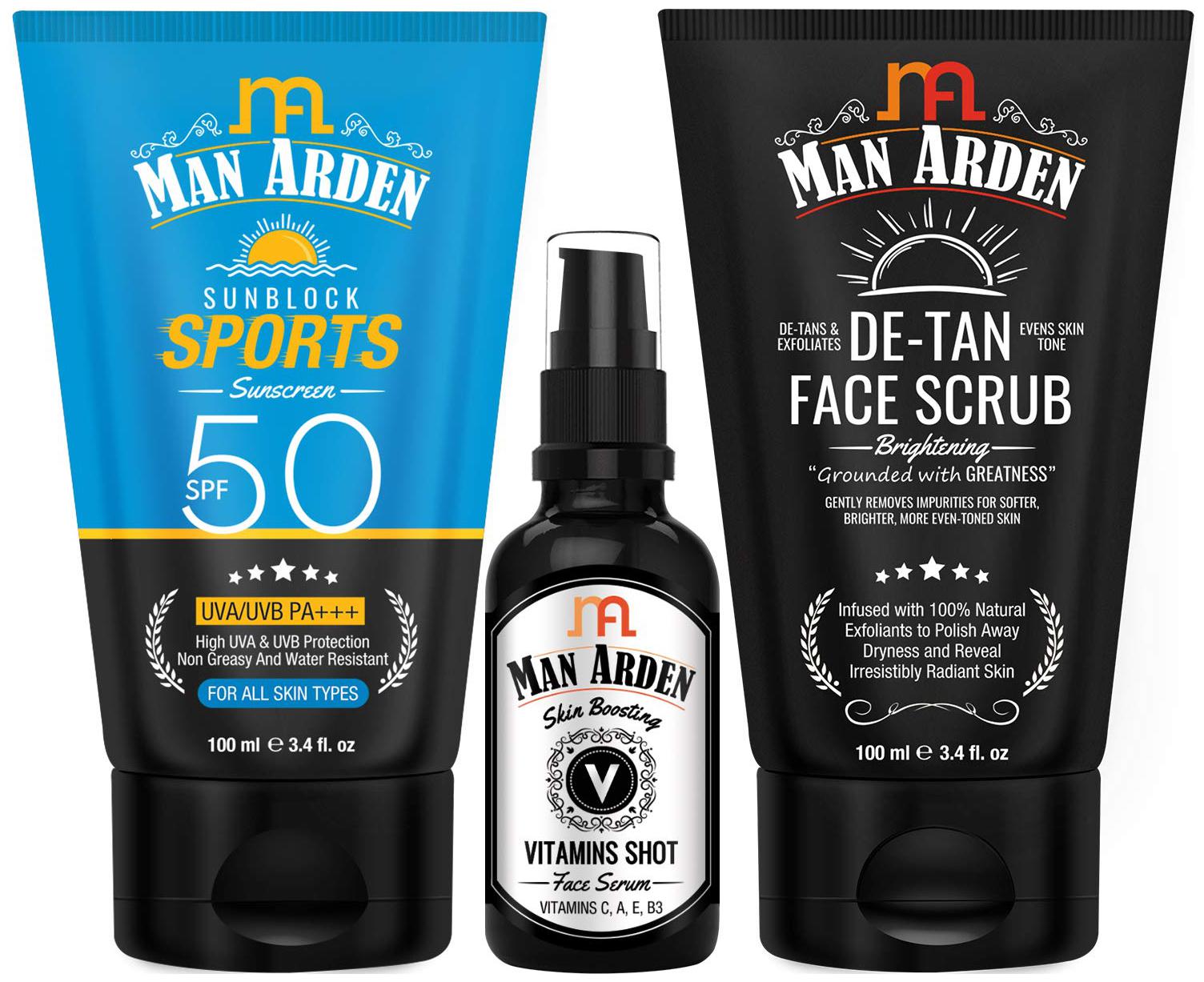

Man Arden Fabulous Skin Care Combo Sunscreen 100ml Vitamin Face Serum 30ml De Tan Scrub 100ml Pack of 3