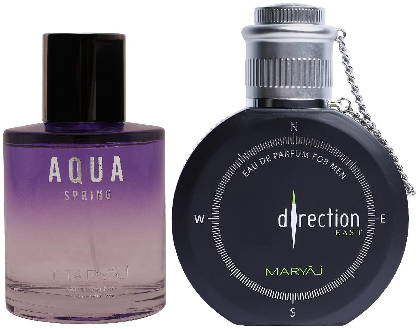 

Maryaj Aqua Spring Eau De Parfum Fruity Floral Perfume 100ml for Women and Maryaj Direction East Eau De Parfum Citrus Spicy Perfume 100ml for Men