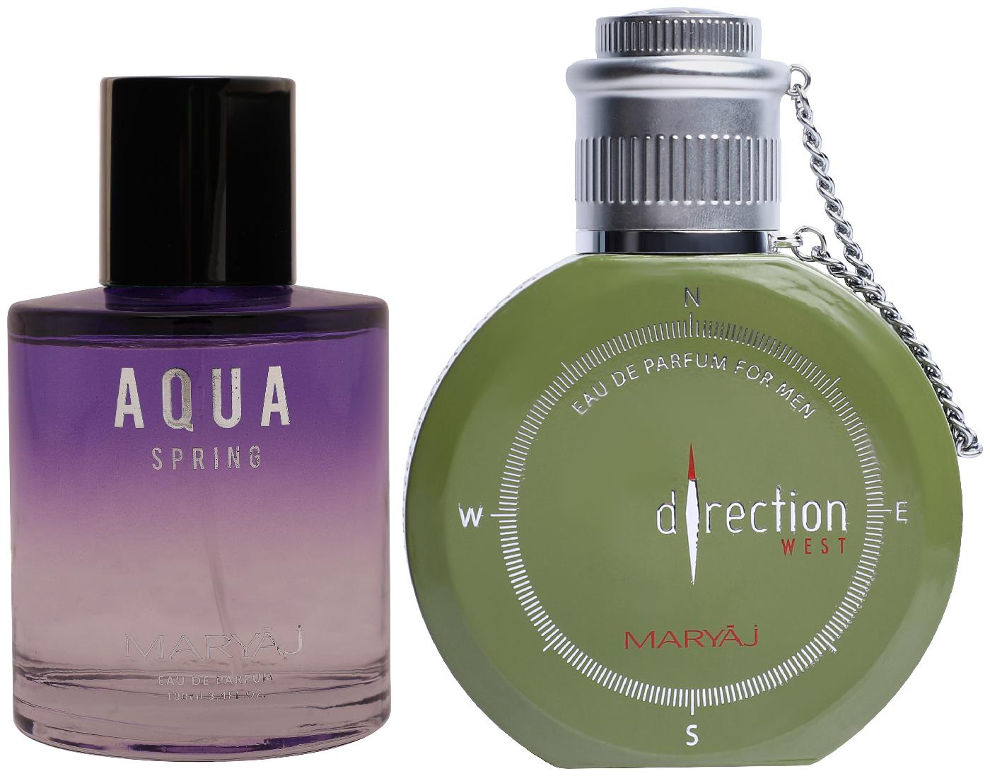 

Maryaj Aqua Spring Eau De Parfum Fruity Floral Perfume 100ml for Women and Maryaj Direction West Eau De Parfum Green Spicy Perfume 100ml for Men