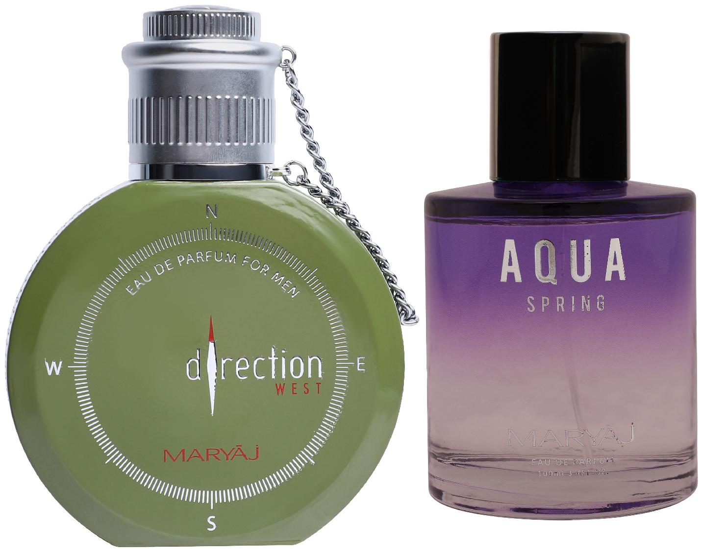 

Maryaj Direction West Eau De Parfum Green Spicy Perfume 100ml For Men And Maryaj Aqua Spring Eau De Parfum Fruity Floral Perfume 100ml For Women (Pack Of 2)