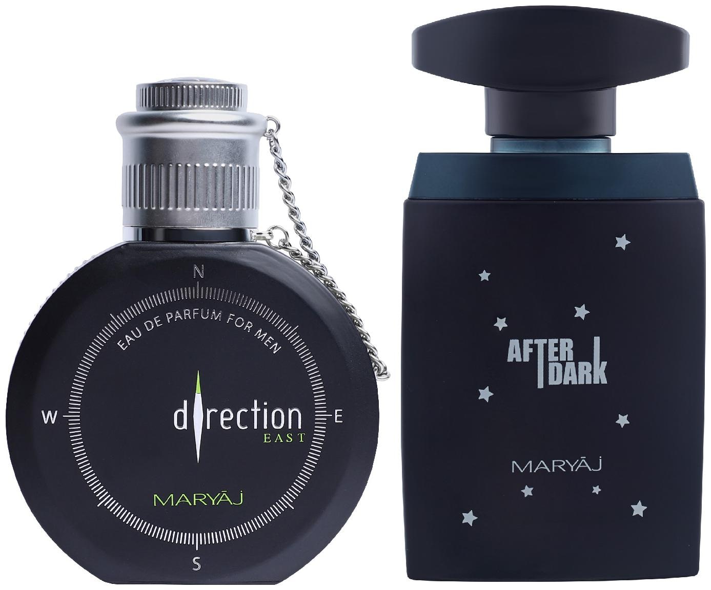 

Maryaj Direction East Eau De Parfum Citrus Spicy Perfume 100ml for Men and Maryaj After Dark Eau De Parfum Woody Aromatic Perfume 100ml for Men ( Pack of 2 )
