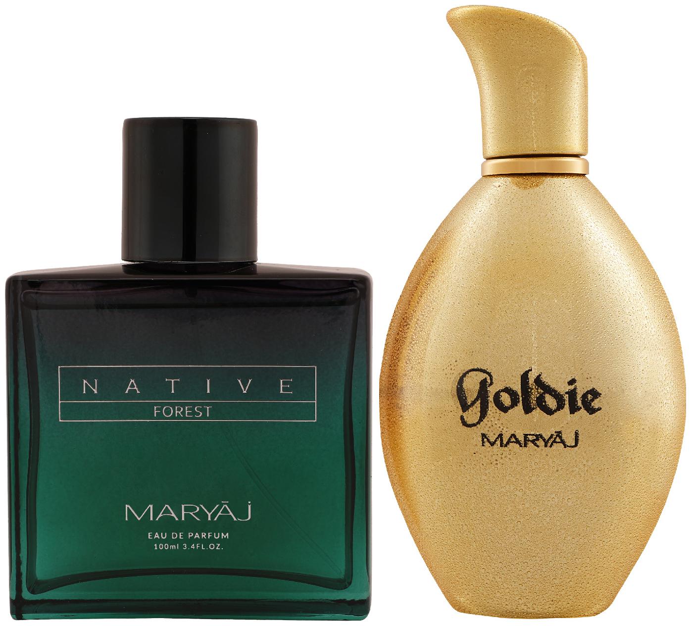 

Maryaj Native Forest Eau De Parfum Aromatic Powdery Perfume 100ml for Unisex and Maryaj Goldie Eau De Parfum Fruity Floral Perfume 100ml for Women
