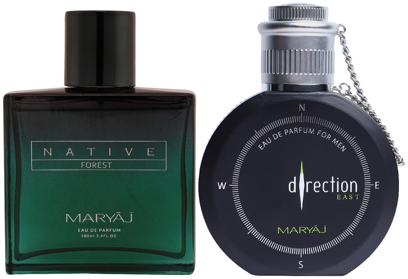 

Maryaj Native Forest Eau De Parfum Aromatic Powdery Perfume 100ml for Unisex and Maryaj Direction East Eau De Parfum Citrus Spicy Perfume 100ml for Men