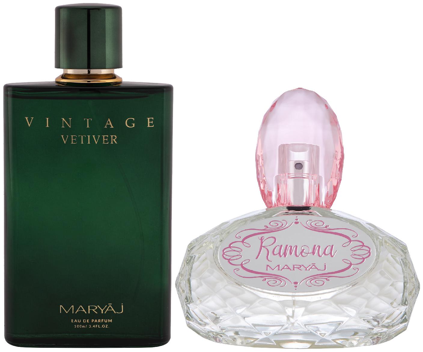 

Maryaj Vintage Vetiver Eau De Parfum Citrus Aromatic Perfume 100ml for Unisex and Maryaj Ramona Eau De Parfum Citrus Floral Perfume 100ml for Women