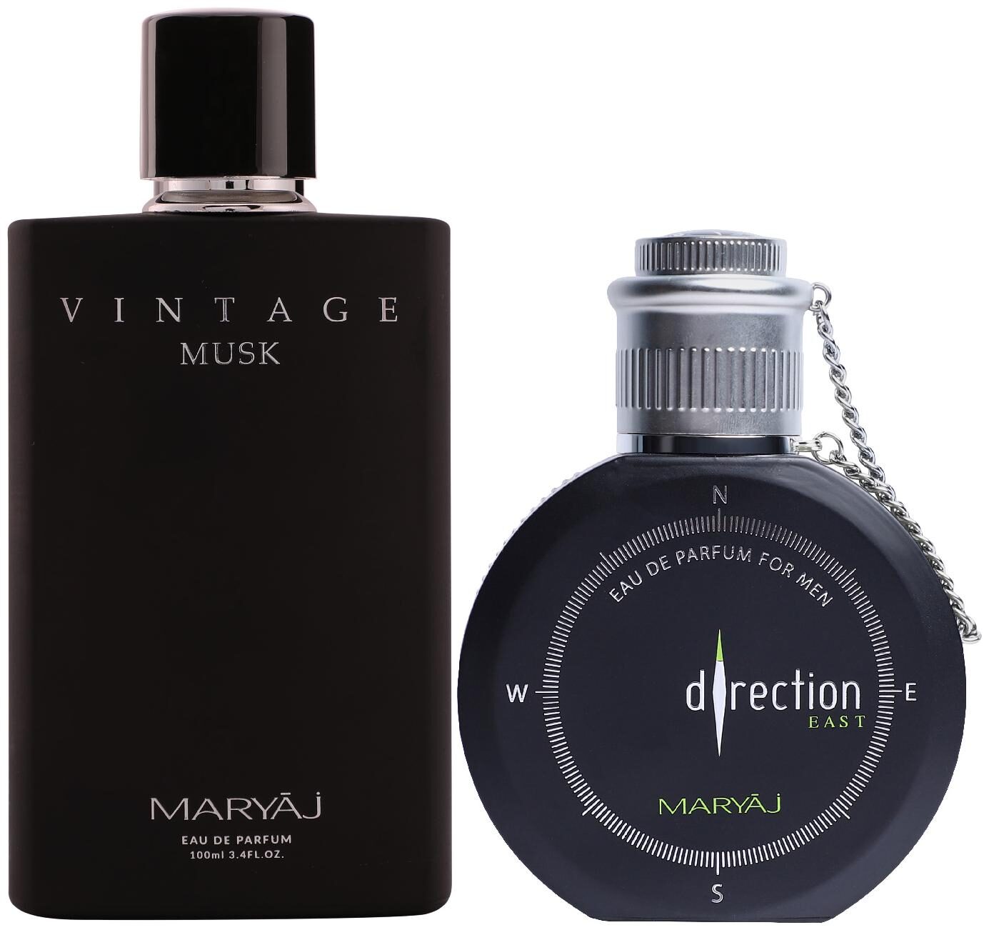 

Maryaj Vintage Musk Eau De Parfum Floral Musky Perfume 100ml for Unisex and Maryaj Direction East Eau De Parfum Citrus Spicy Perfume 100ml for Men