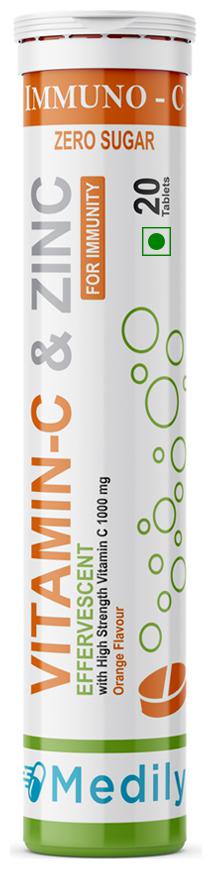 

Medily s Vitamin-C 1000mg Vitamin-C Effervescent Tablets (Zesty Orange Flavour) for Active IMMUNITY Quintessential Antioxidant and Zero Sugar 20 tablets ( Pack of 1 ) 1