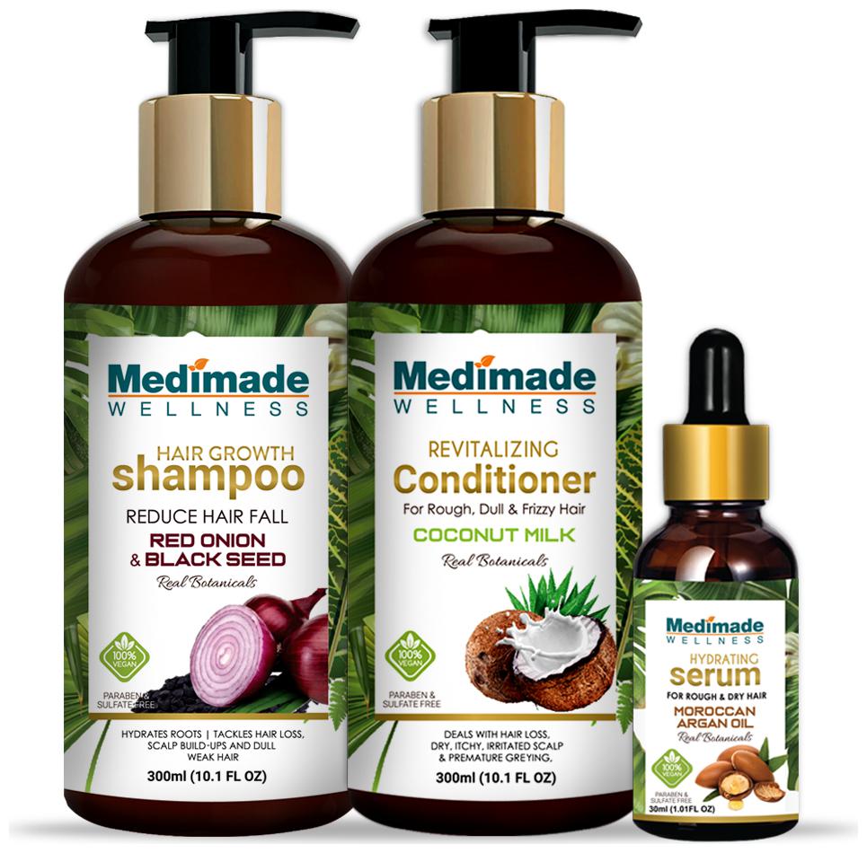 

Medimade Red onion shampoo 300ml coconut conditioner 300ml hair growth serum 30ml) Pack of 3