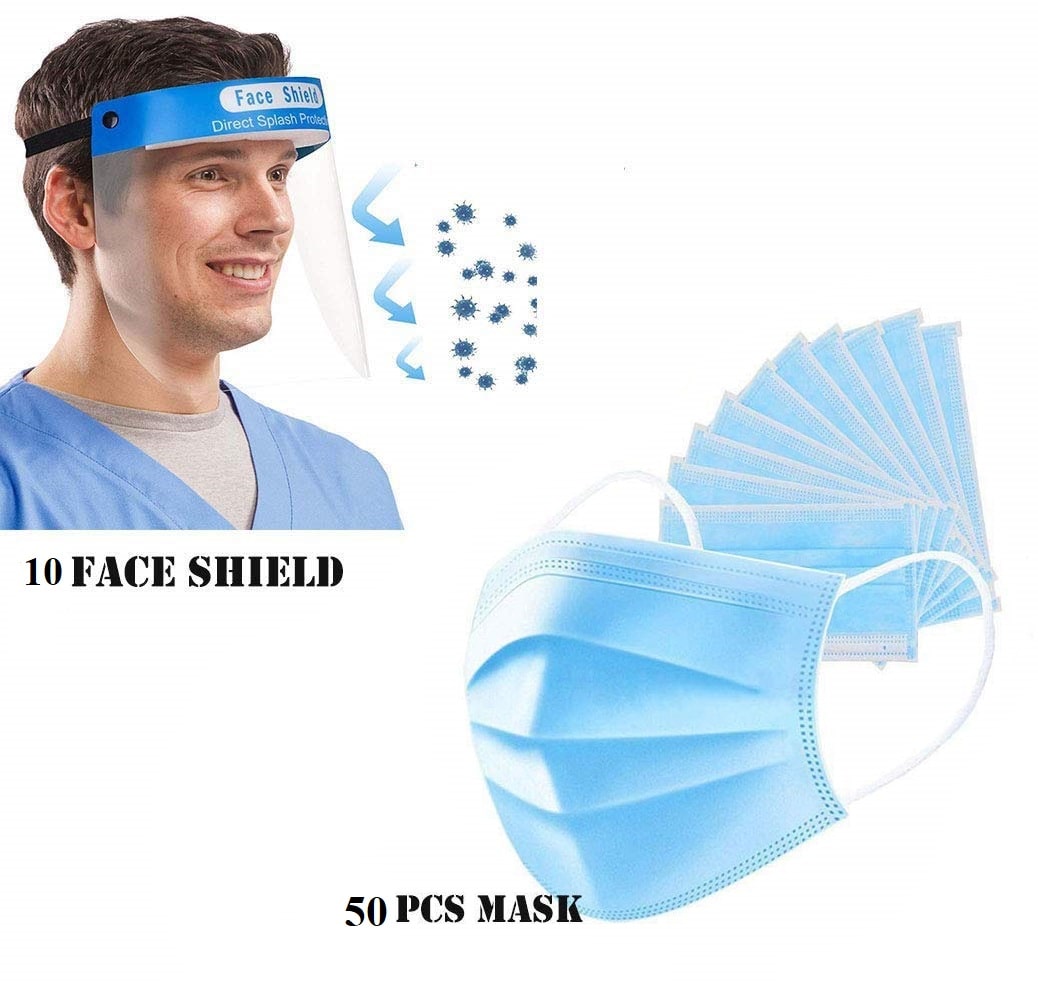 

Medinain 3 Ply CE ISO and WHO-GMP Certified Pharmaceutical Surgical Face Mask Disposable 50 pcs Full Face Protection Safety Face Shield Visor 10 pcs Unisex Reusable (Pack of 60)