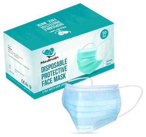 

Medinain 3 Ply mask CE ISO and WHO-GMP Certified With Nose Pin Pharmaceutical 50 pcs Each (Pack of 3)