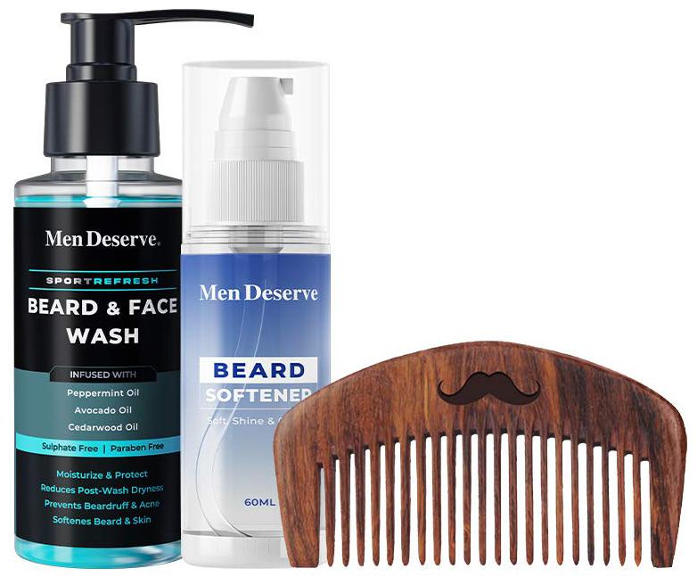 

Men Deserve Daily Beard Care Combo of Beard Softener 60ml Beard Wash 100ml and Sheesham Wooden Beard Comb (Pack Of 3)