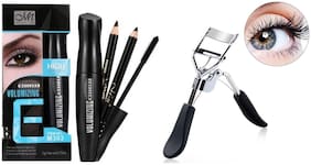MeNow Volumising Mascara 10ml, Black Brown Eyebrow Pencils 1gm each Eyelash Curler 15gm Pack of 4
