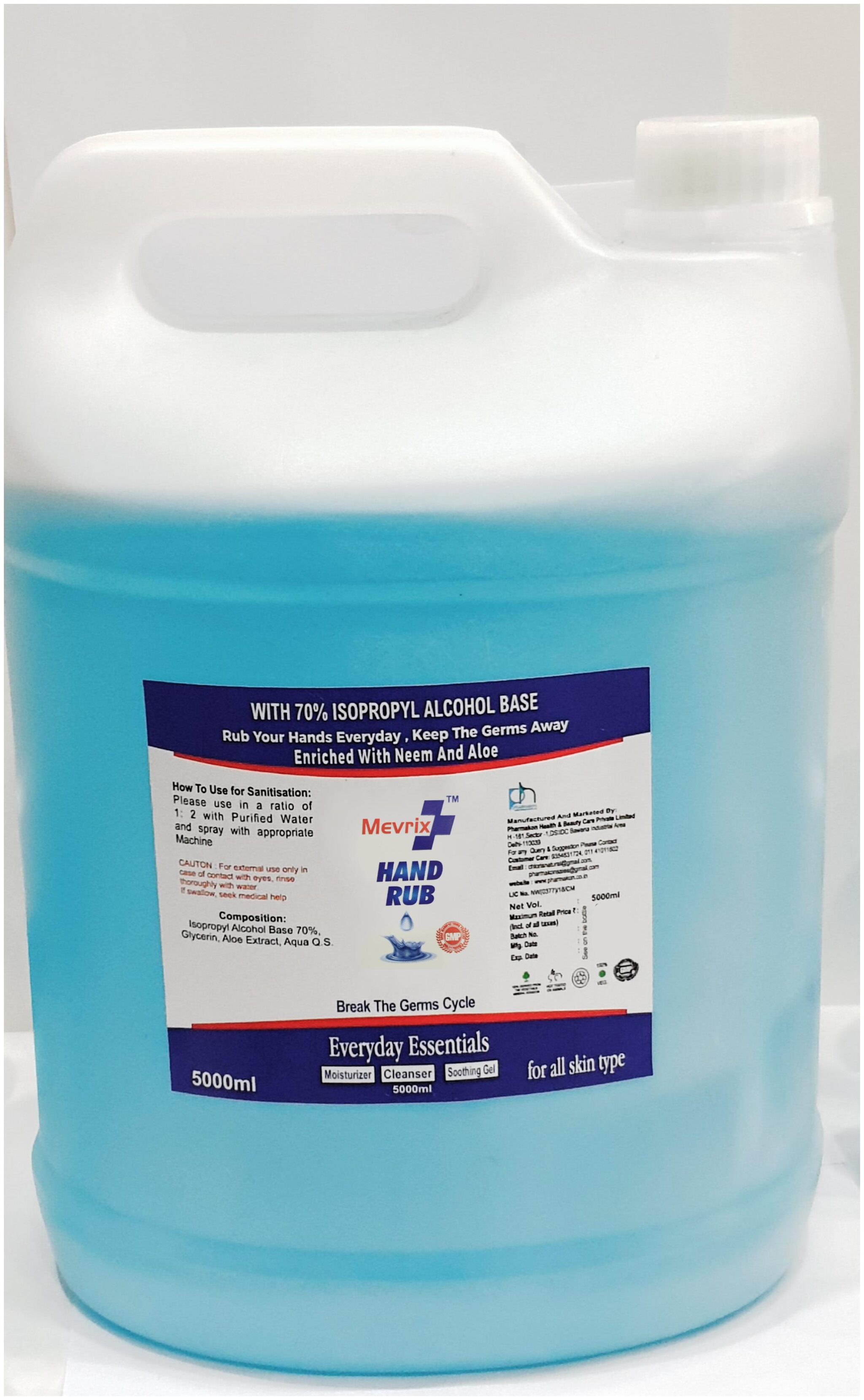 

Mevrix Premium Hand Rub Sanitizer Enriched With Neem And Aloe 5 L ( Pack of 1 )
