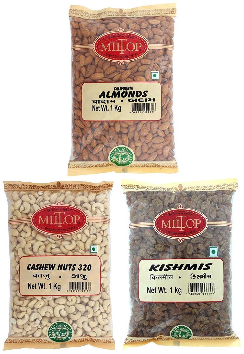 

Miltop Dry Fruits California Almond 1 kg Cashew 1 kg kishmish 1 kg (Pack of 3)