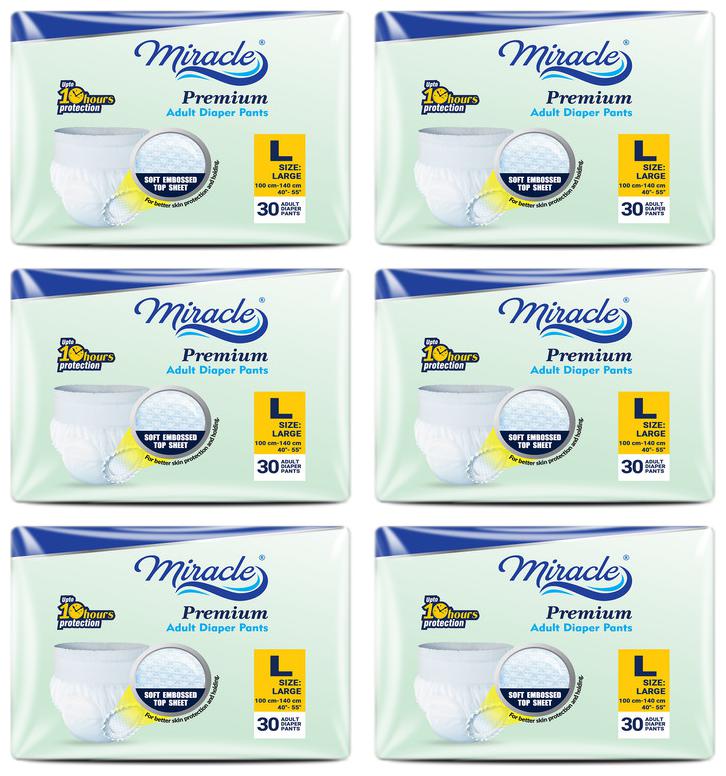 

Miracle Adult Pull Up Diaper Large(100-140 cms) Waist Size ( 40- 55) - 10 pcs each (Pack of 6)