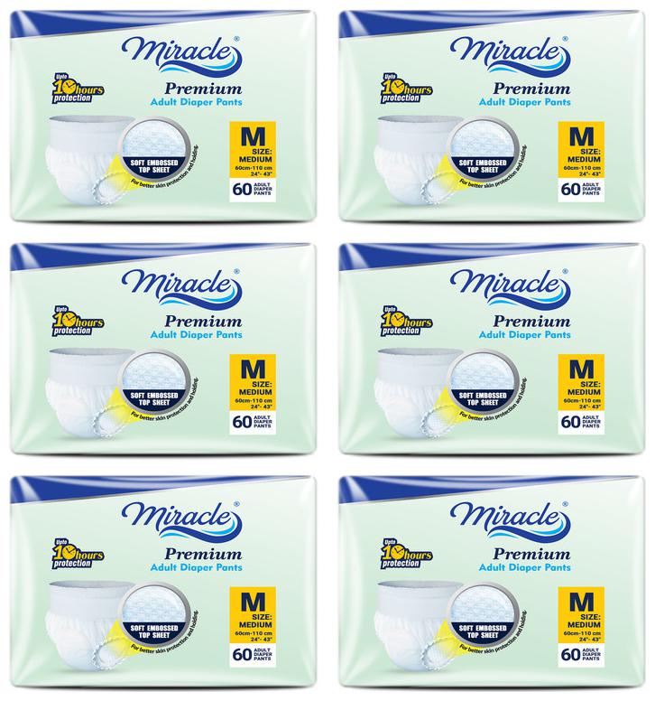 

Miracle Adult Pull Up Diaper Medium(60-110 cms) Waist Size ( 24- 43) - 10 pcs each (Pack of 6)