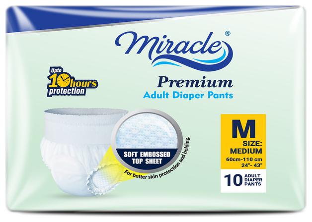 

Miracle Adult Pull Up Diaper Medium(60-110 cms) Waist Size ( 24- 43) - 10 pcs each (Pack of 1)