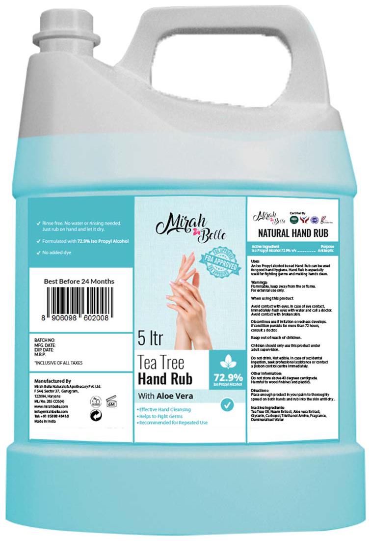 

Mirah Belle Tea Tree Aloe Vera Hand Rub Sanitizer (72 9 Alcohol) - FDA Approved Natural Vegan Herbal Sulfate and Paraben Free (5l)
