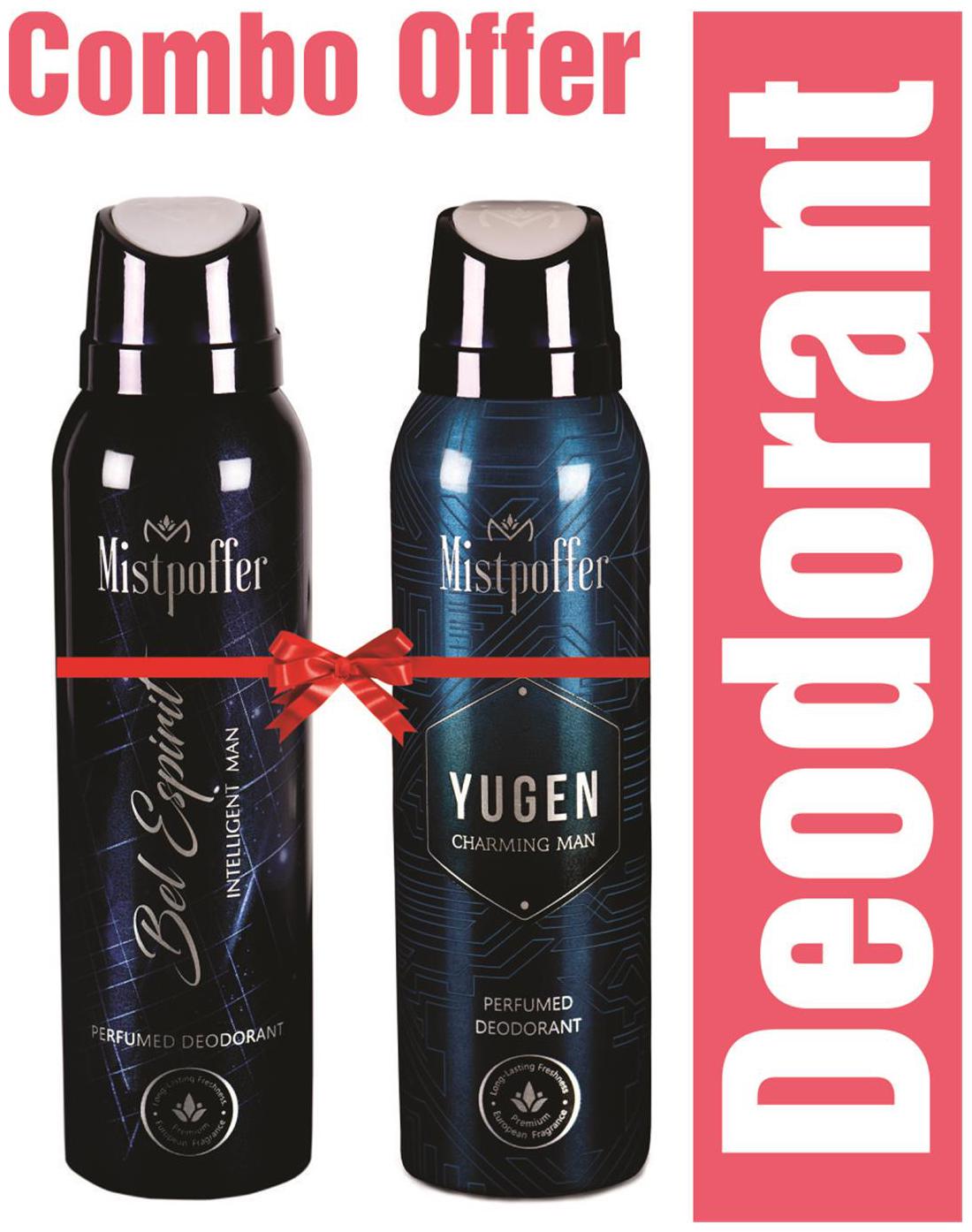 

Mistpoffer Bel Espirit Perfumed Deodorant Mistpoffer Yugen Perfumed Deodorant Body Spray Combo Offer for Men 150 ml Each Pack of 2