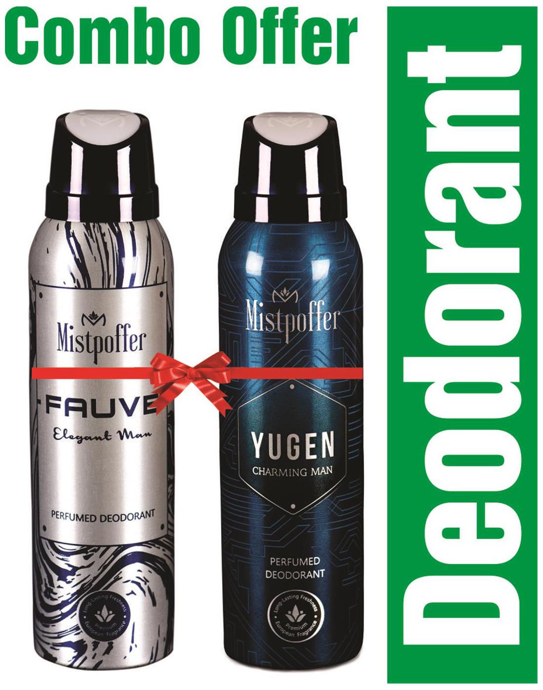 

Mistpoffer Fauve Perfumed Deodorant Mistpoffer Yugen Perfumed Deodorant Body Spray Combo Offer for Men 150 ml each Pack of 2