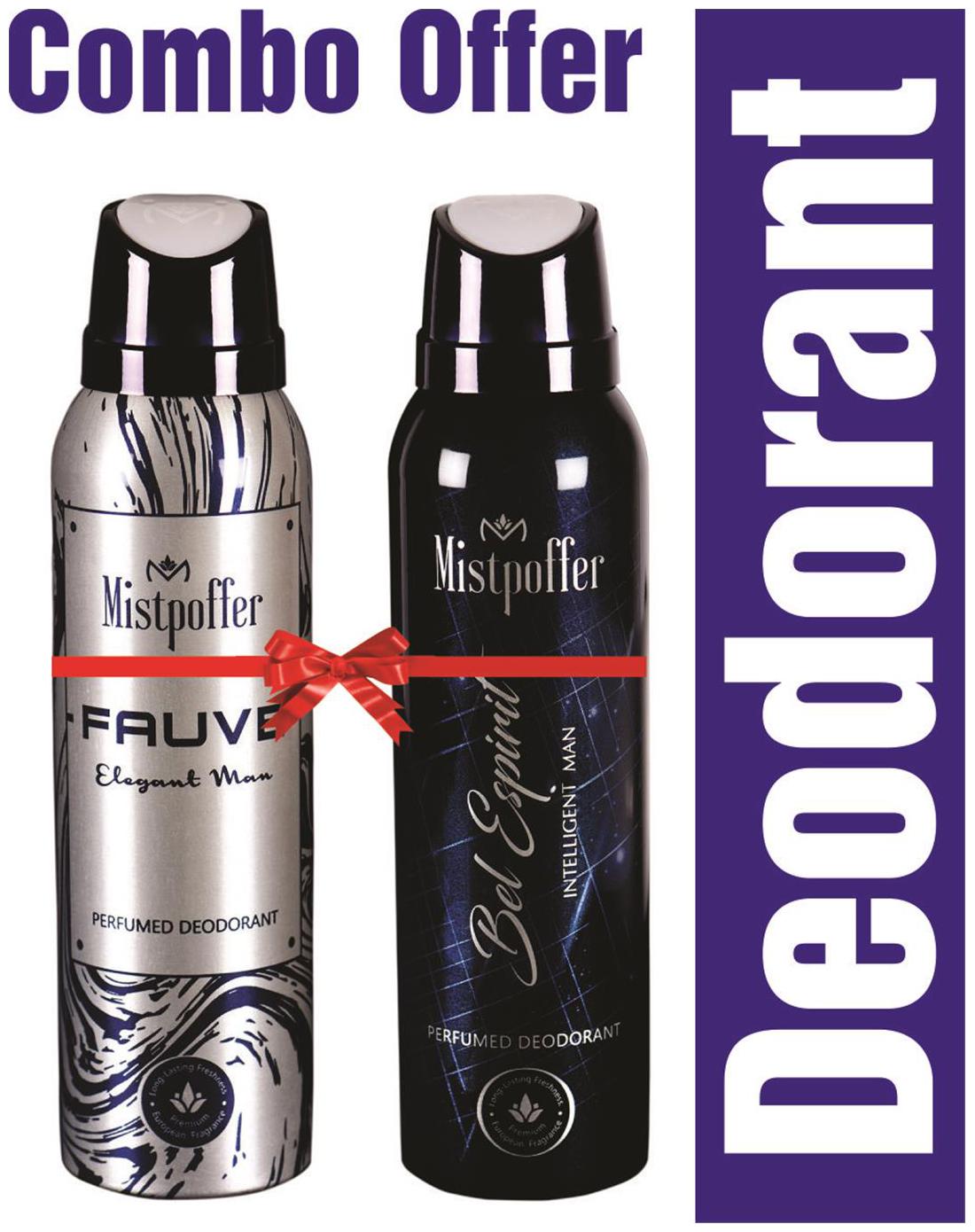 

Mistpoffer Fauve Perfumed Deodorant Mistpoffer Bel Espirit Perfumed Deodorant Body Spray Combo Offer for Men 150 ml Each Pack of 2