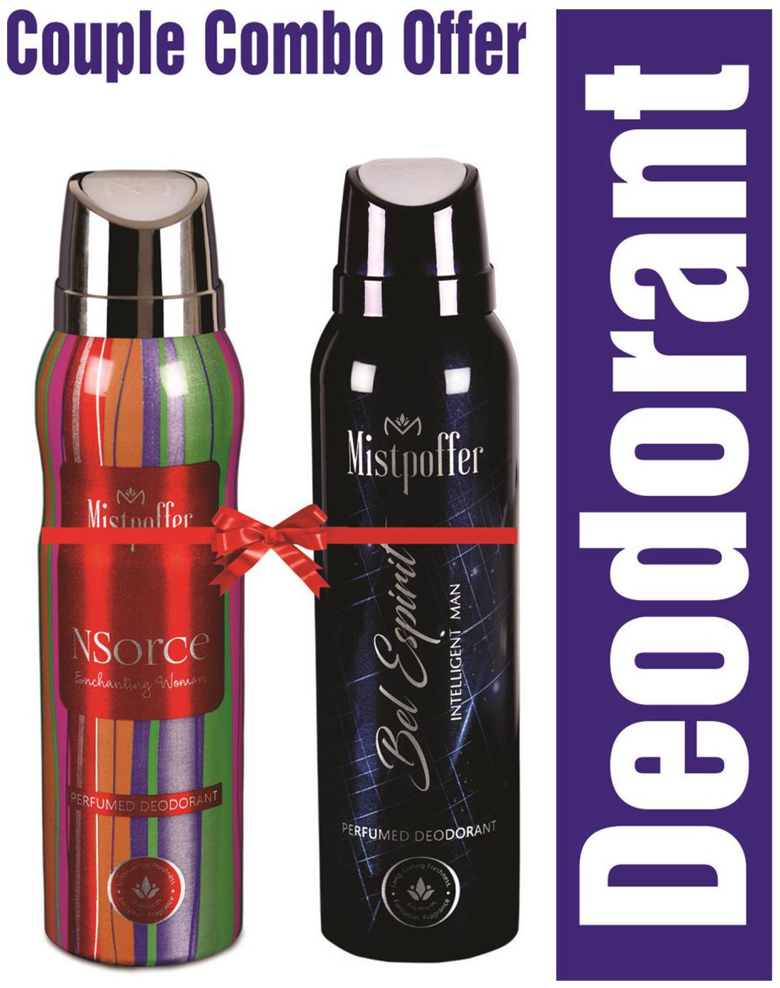 

Mistpoffer NSorce Perfumed Deodorant Mistpoffer Bel Espirit Perfumed Deodorant Body Spray Couple Combo Offer for Men Women 150 ml Each Pack of 2