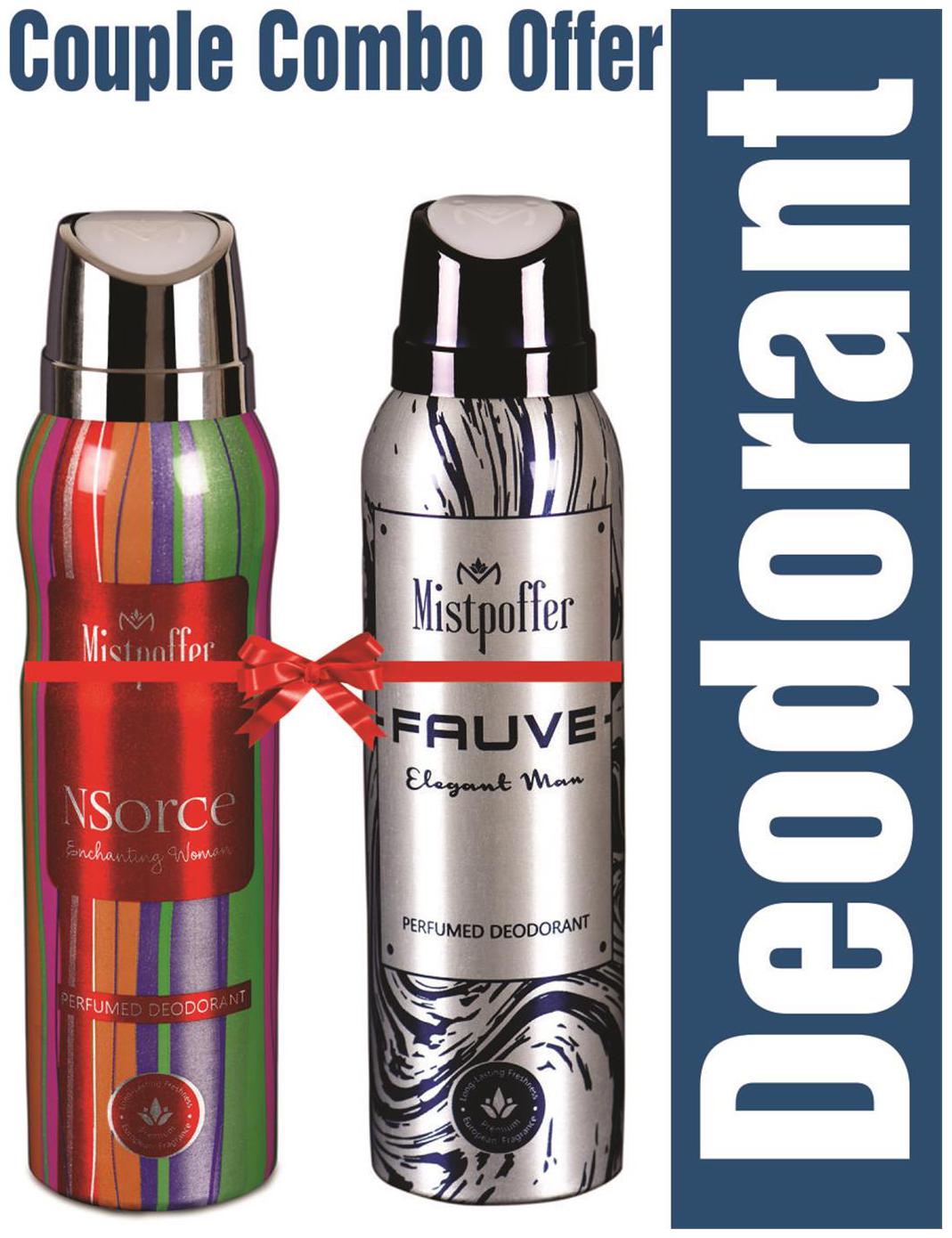 

Mistpoffer NSorce Perfumed Deodorant Mistpoffer Fauve Perfumed Deodorant Body Spray Couple Combo Offer for Men Women 150 ml Each Pack of 2