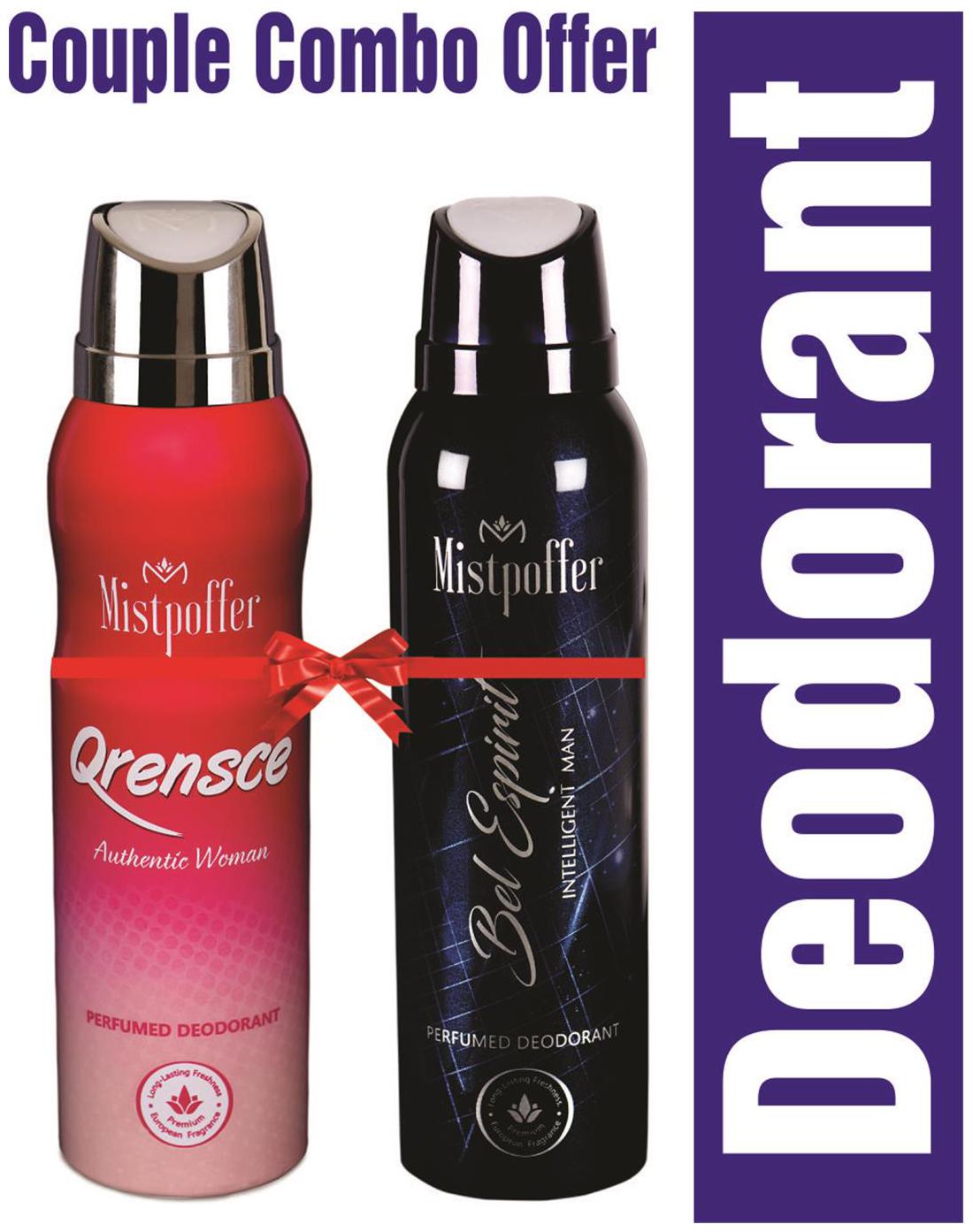 

Mistpoffer Qrensce Perfumed Deodorant Mistpoffer Bel Espirit Perfumed Deodorant Body Spray Couple Combo Offer for Men Women 150 ml Each Pack of 2
