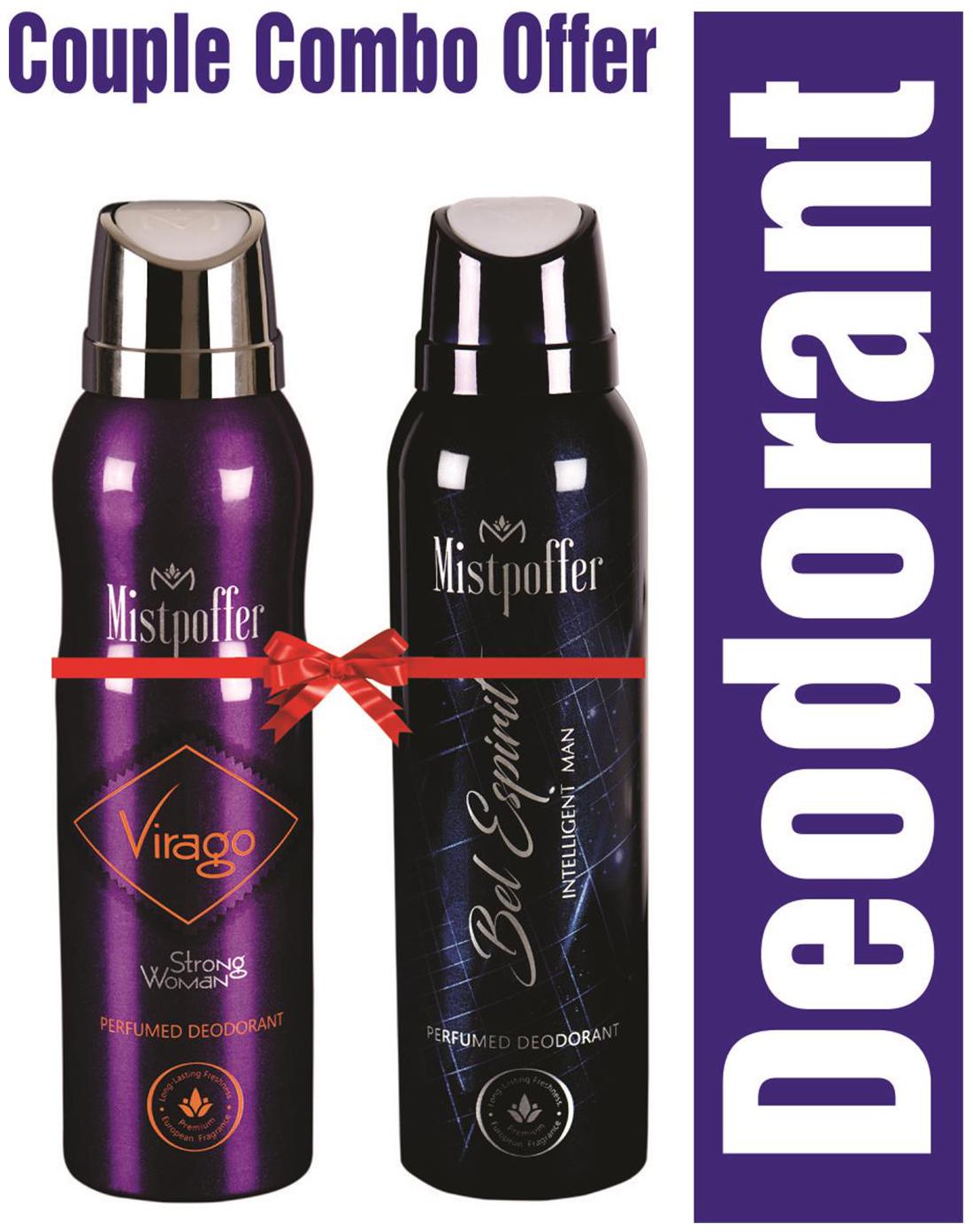 

Mistpoffer Virago Perfumed Deodorant Mistpoffer Bel Espirit Perfumed Deodorant Body Spray Couple Combo Offer for Men Women 150 ml Each Pack of 2