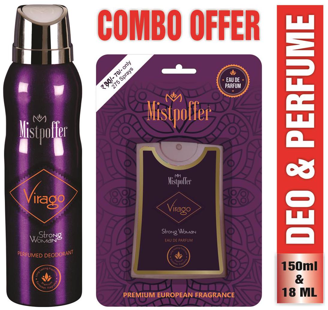 

Mistpoffer Virago Perfumed Deodorant Body Spray 150ml Mistpoffer Virago Pocket Perfume 25ml Combo Offer For Women Pack of 2