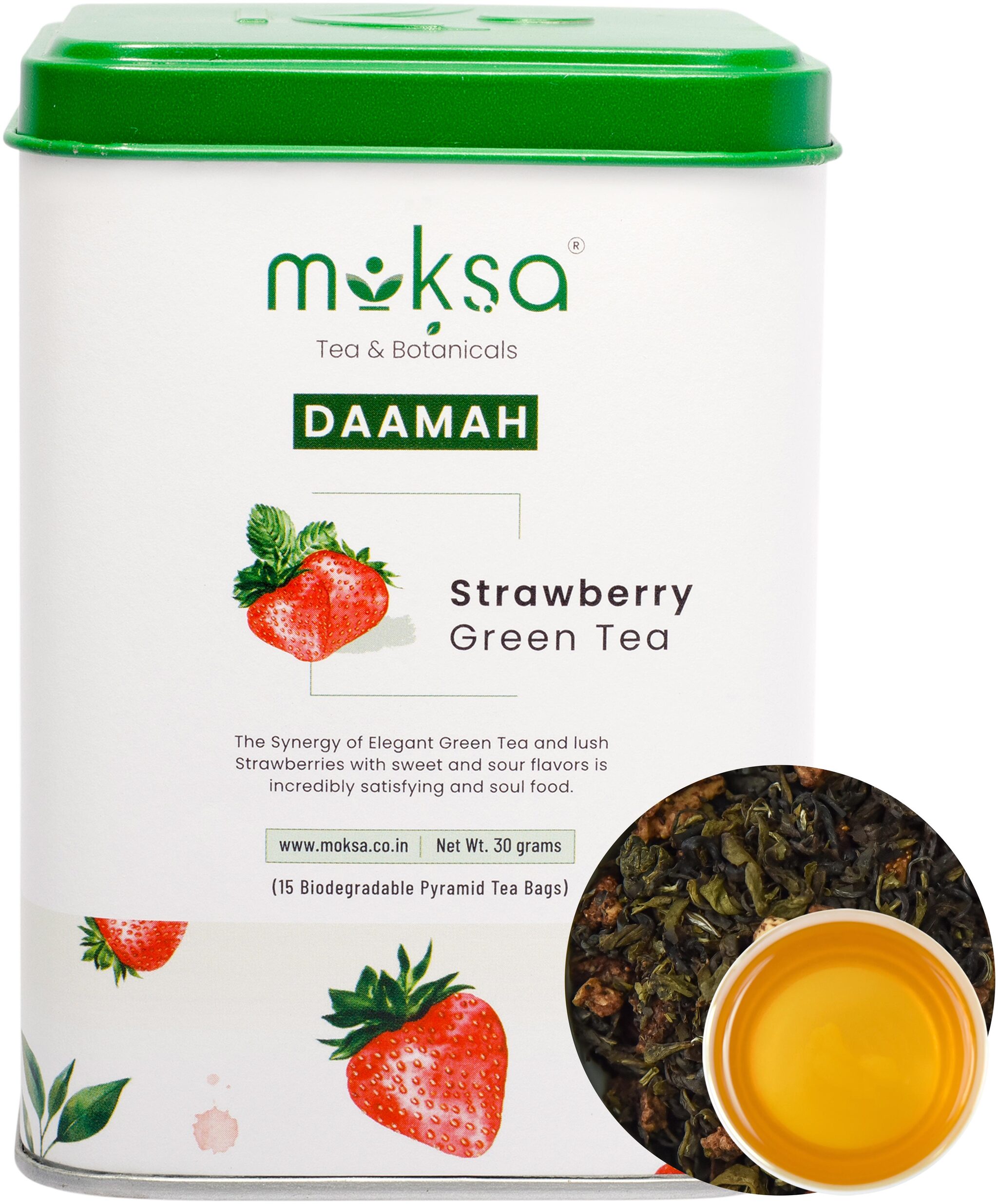 

Moksa Pure Strawberry Green Tea With Dried Strawberry Bits - 15 Biodegradable Pyramid Teabags - 30g