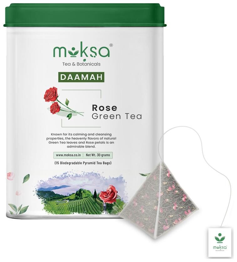 

Moksa Tea Botanicals Luxury 100 Pure Rose Green Tea-Organic Rose Dried Petals - 15 Biodegradable Pyramid Teabags - 30g