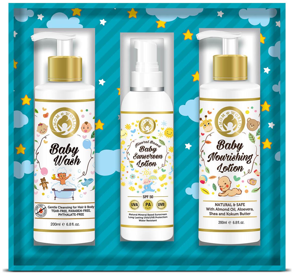 

Mom World Baby Boy Kit - Baby Wash-200ml Baby Sunscreen Lotion-120ml Baby Nourishing Lotion-200ml(Pack of 3)