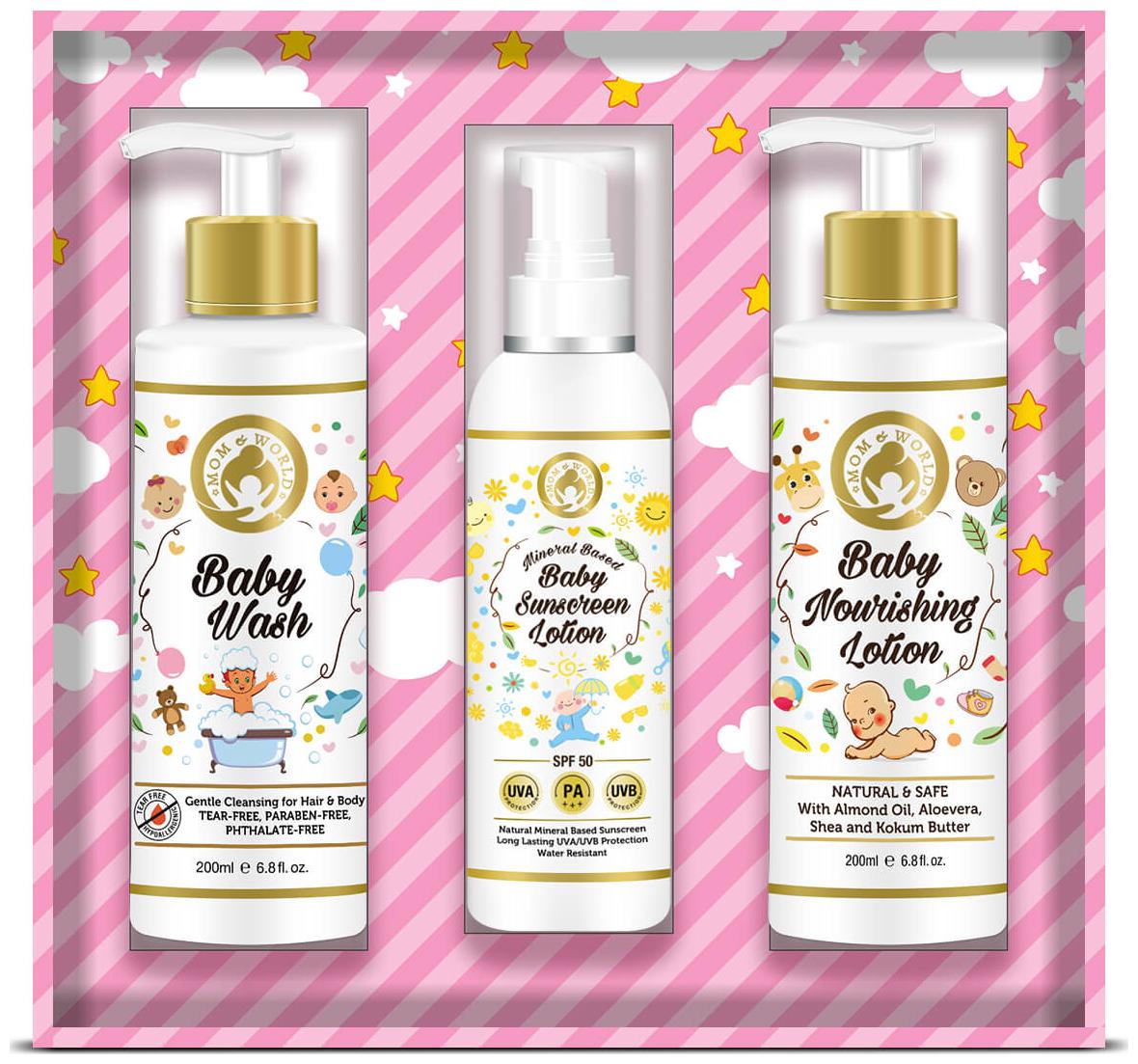 

Mom World Baby Girl Kit - Wash-200ml Baby Sunscreen Lotion-120ml Baby Nourishing Lotion-200ml(Pack of 3)